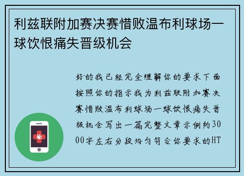 利兹联附加赛决赛惜败温布利球场一球饮恨痛失晋级机会